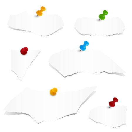 collection of little ripped papers with colored pin needlesのイラスト素材