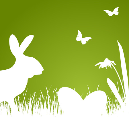 Easter background with green silhouette of rabbit, eggs and flowersのイラスト素材