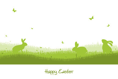 Easter background with green silhouette of rabbits, grass and flowersのイラスト素材