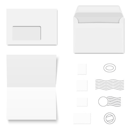 collection of white envelopes, writing paper and postage stampsのイラスト素材