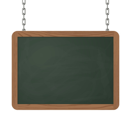 green signboard with wooden frame hanging on metal chainsのイラスト素材