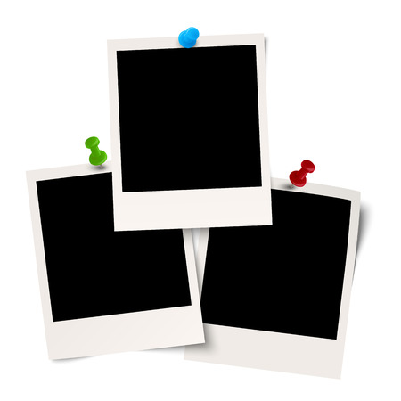 three blank old photos with colored pin needlesのイラスト素材