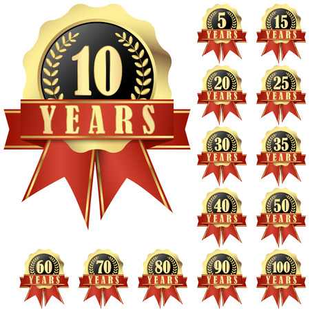 collection of jubilee buttons with banner and ribbons for 10 years and othersのイラスト素材
