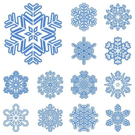 collection of different blue snowflakes on white backgroundのイラスト素材