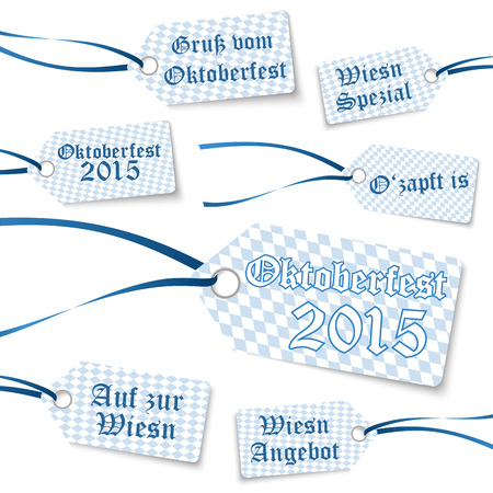 collection of Oktoberfest hangtags with blue-white checkered pattern and different textのイラスト素材