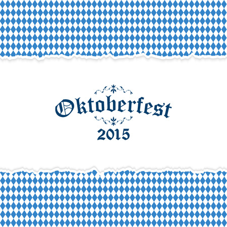 Oktoberfest background with ripped open paper having blue-white checkered pattern and text Oktoberfest 2015のイラスト素材