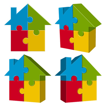 collection of three dimensional puzzle house with four colored partsのイラスト素材