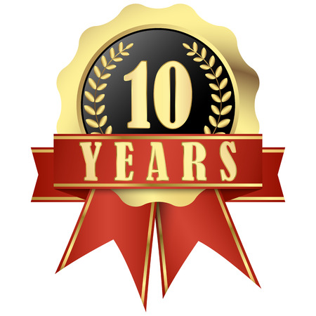 golden jubilee button with banner and ribbons for 10 yearsのイラスト素材