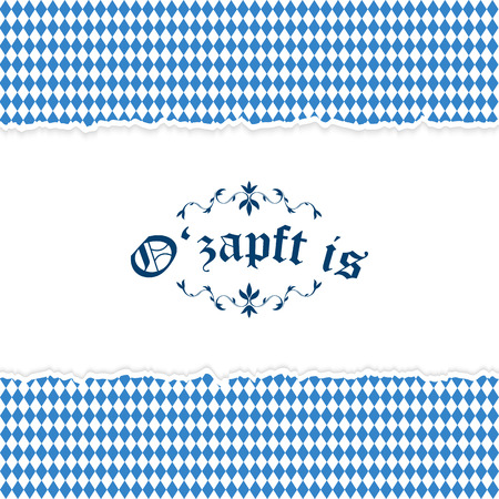 Oktoberfest background with ripped open paper having blue-white checkered pattern and text O'zapft isのイラスト素材