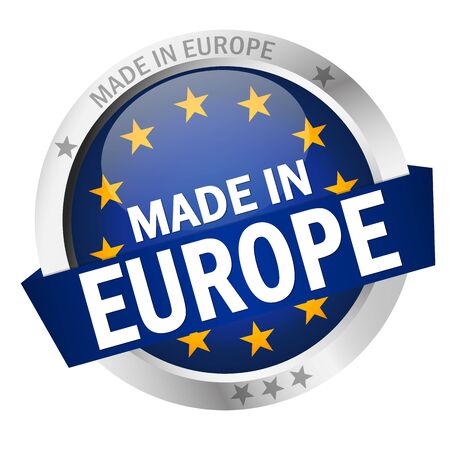 round button with banner, country flag and text MADE IN EUROPEのイラスト素材