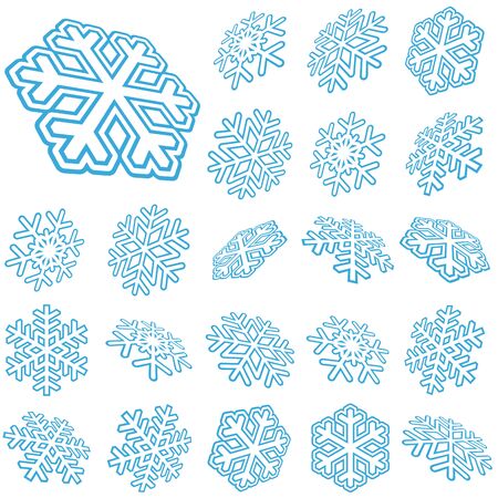 collection of abstract three dimensional blue snow flakesのイラスト素材