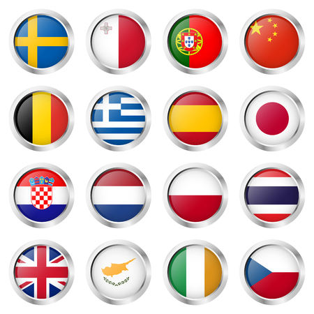 collection of round buttons with different country flags and silver frameのイラスト素材