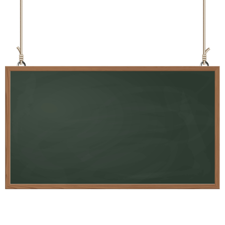 blank black board with wooden frame hanging on ropesのイラスト素材