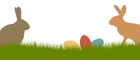 Brown bunny silhouettes with green grass and eggs for Easter timeのイラスト素材