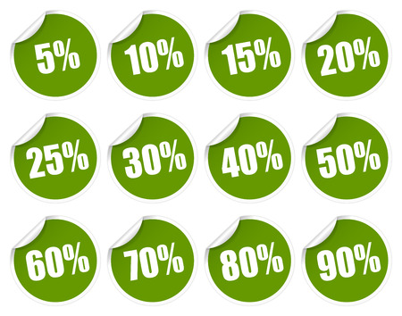 Discount stickers colored green with discounts from 5 to 90 percentageのイラスト素材