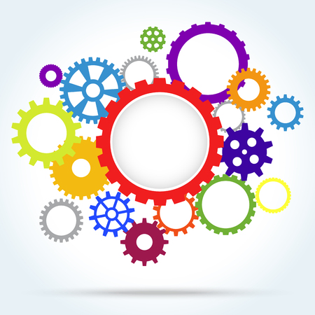 colored gear wheels with big gear in middle for cooperation or teamwork symbolismのイラスト素材