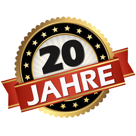 round jubilee button with red banner and german text 20 yearsのイラスト素材