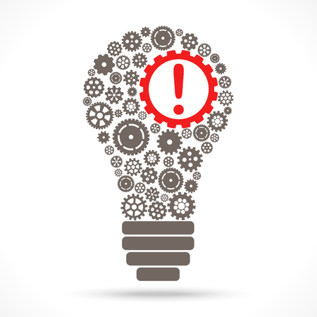 light bulb with gray gear wheels and red exclamation mark symbolizing idea and developmentのイラスト素材