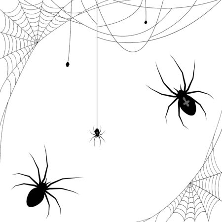 collection of different illustrated spider webs and some spiders black colored for Halloween layoutsのイラスト素材