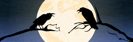 Illustrated crows in front of full moon sitting on branches for Halloween background layouts.のイラスト素材