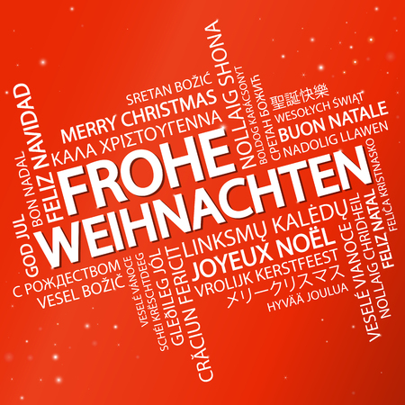 Word cloud with text Merry Christmas in different languages, in the middle one oversized and bold written in Germanのイラスト素材