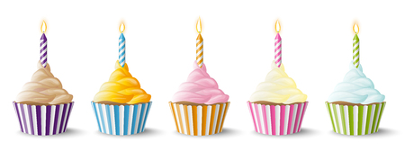 sweet vector cupcake collection with colored candles for birthdayのイラスト素材