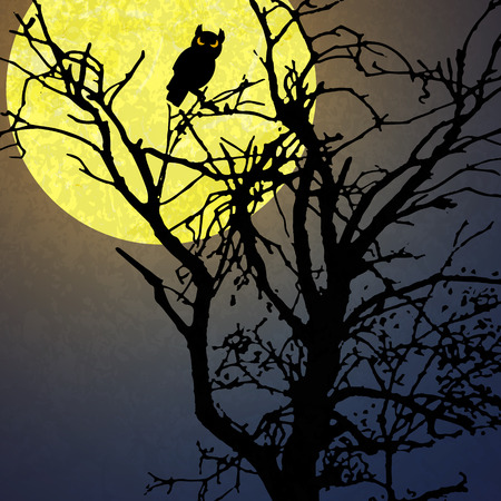 halloween background with a owl sitting in a dead tree in front of an yellow full moonのイラスト素材