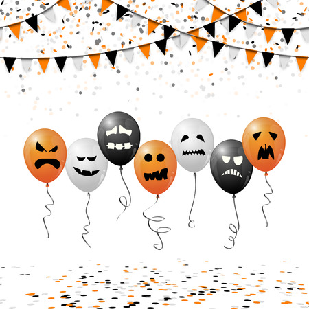 confetti, garlands and balloons background colored black, orange and white used for Halloween layoutsのイラスト素材