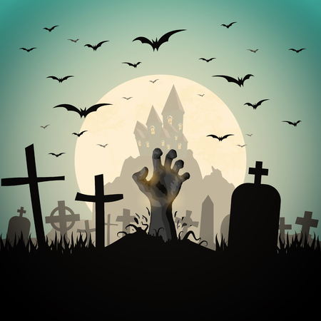 zombie hand in front of a castle and a full moon with grave stones and other scary illustrated elements for Halloween background layoutsのイラスト素材