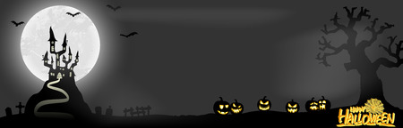 spooky halloween castle with grave stones in front of an white full moon with bats and some scary pumpkinsのイラスト素材