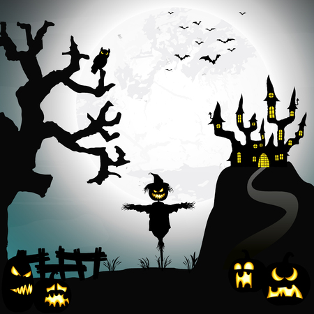 spooky halloween castle on a hill in front of an white full moon with bats, some scary pumpkins and an scarecrowのイラスト素材