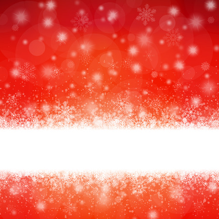 white snow flakes with empty banner for greetings text and red colored christmas backgroundのイラスト素材