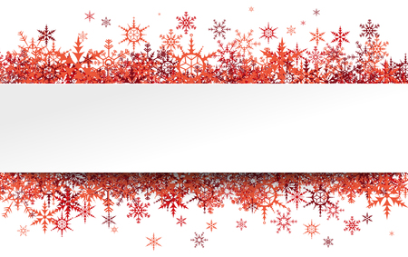 red snowflakes behind empty white banner frame for christmas winter greetings on white backgroundのイラスト素材