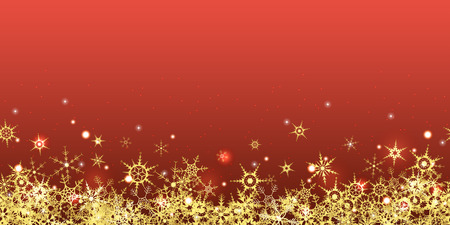 vector file with beautiful falling snow flakes colored golden and lightning effects on seamless red colored backgroundのイラスト素材