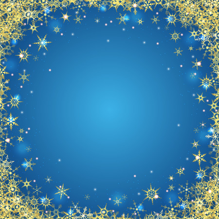 vector file with beautiful falling snow flakes colored golden and lightning effects on blue colored backgroundのイラスト素材