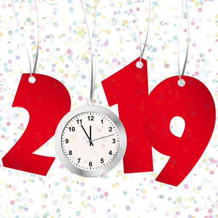 red numbers showing New Year 2019 with silver clock and confetti backgroundのイラスト素材