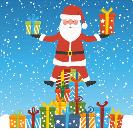 christmas concept with Santa Claus sitting on and holding some colored gifts, with blue snow fall background for christmas time greetingsのイラスト素材