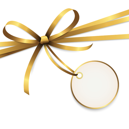 EPS 10 vector illustration of golden colored ribbon bow with hang tag and free text space isolated on white backgroundのイラスト素材