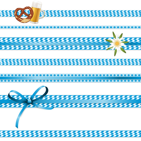 EPS 10 vector illustration of white and blue checkered banners with Edelweiss flower, ribbon bow and pair of pretzel and beer for German Oktoberfest timeのイラスト素材