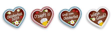 illustrated gingerbread hearts with text in german for Oktoberfest 2019 2020 timeのイラスト素材