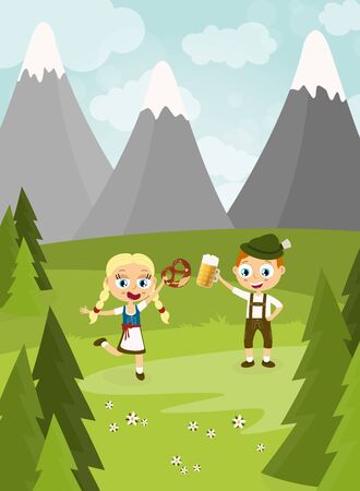 illustration with man and woman holding a beer and pretzel and wearing typical Oktoberfest costume standing on grass with blue sky, mountains of alps and green firsのイラスト素材