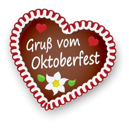 illustrated gingerbread heart with text greetings from Oktoberfest (in german) for Oktoberfest 2020 2021 timeのイラスト素材