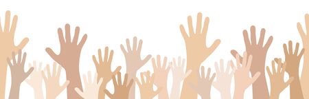 seamless illustration of many different skin colored people stretch their hands up symbolizing...