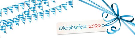 different Oktoberfest 2020 2021 garlands having blue and white checkered pattern with blue ribbon bow with hang tagのイラスト素材