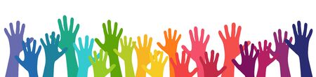 illustration of many colored people stretch their hands up symbolizing cooperation or diversity friendshipのイラスト素材