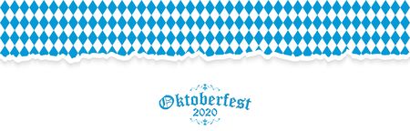 Oktoberfest background with ripped open paper having blue-white checkered pattern and text Oktoberfest 2020のイラスト素材