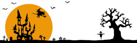 dark castle and witch in front of full moon with scary illustrated elements for Halloween background layoutsのイラスト素材