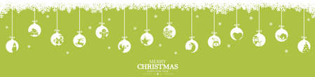 hanging baubles colored white with different abstract icons for christmas and winter time concepts, snow flakes on top side and greetings for christmas and New Yearのイラスト素材