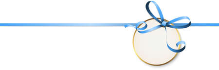 illustration of blue colored ribbon bow with hang tag and free text space isolated on white backgroundのイラスト素材