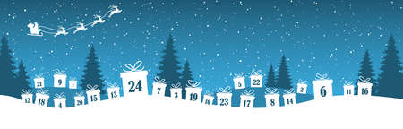 lying christmas presents colored white with numbers 1 to 24 showing advent for xmas and winter time concepts, blue nature background with fir trees and flying santa claus with reindeersのイラスト素材